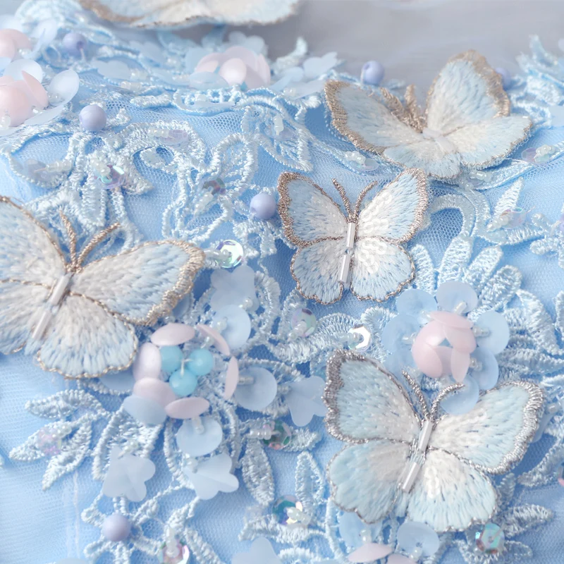 Walk Beside You Tulle Prom Dresses Blue Lace Appliques Beading A-line Long Vestidos De Graduacion Butterfly Evening Gowns Stock