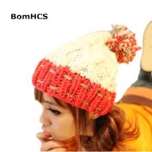 BomHCS корейский стиль Женская мода сшивание помпон бини зимняя теплая вязаная шапка ручной работы