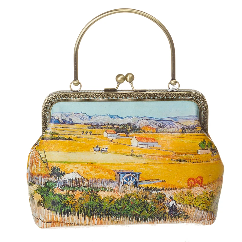 Ангельская картина маслом женские мини-сумки пейзаж металлический каркас сумка желтый синий Ван Гог пшеничное поле звездное небо цепь сумочка