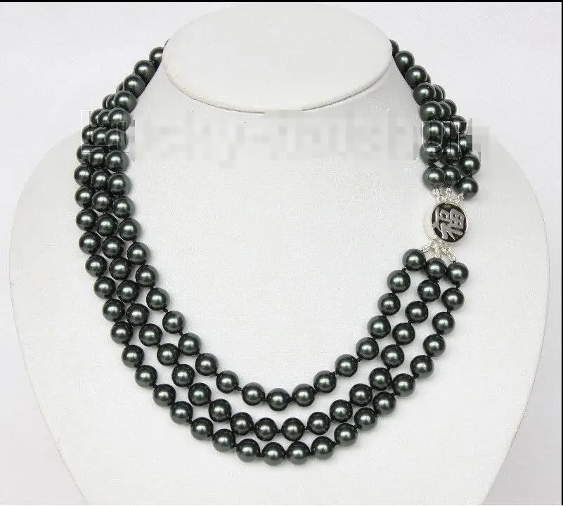 

Free shipping hot sale Women Bridal Wedding Jewelry >>16" 3row 8mm round black sea shell pearls necklace 925 silver clasp j9580