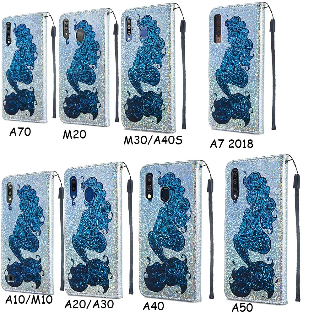 Блестящий чехол-книжка с единорогом для samsung Galaxy A10 A20 A30 A40 A50 A70 A40S M10 M20 M30 Ретро Стильный чехол-книжка