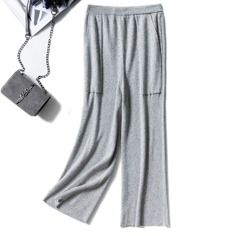 

2019 new soft waxy comfortable cashmere gray pants female knitted wide leg pants Elastic High Waist casual Loose Trousers black