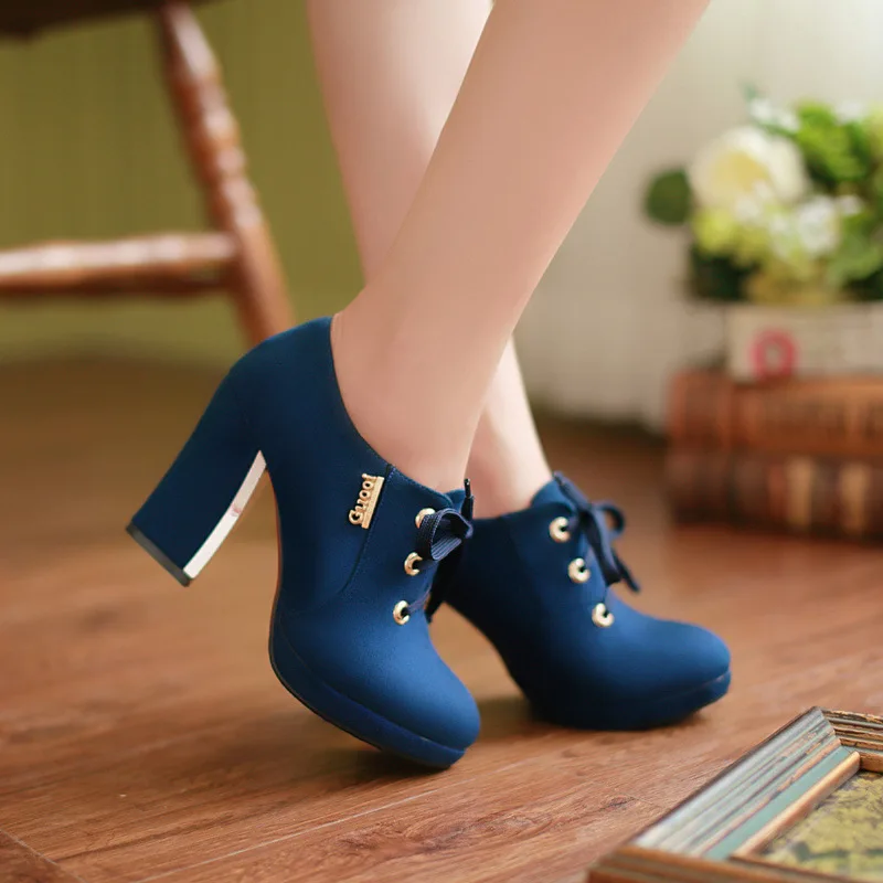 

2019 Korean Suede Thick High Heel Shoes Woman Platform Pumps Large Size 42 43 Womens Shoes Lace Up Party Wedding Shoes Small 32