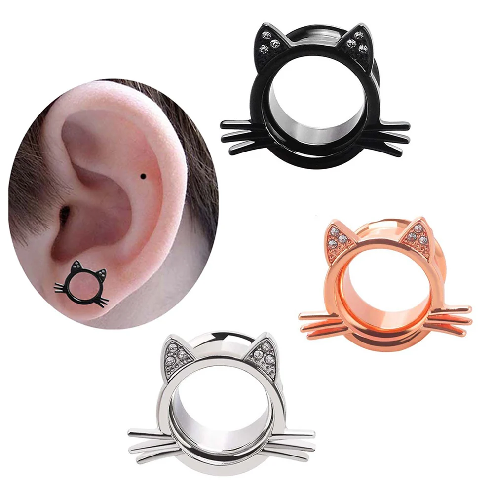 

1 Pair Stainless Steel Cat Kitten Ear Gauges Ear Plugs Piercings Tunnels @M23
