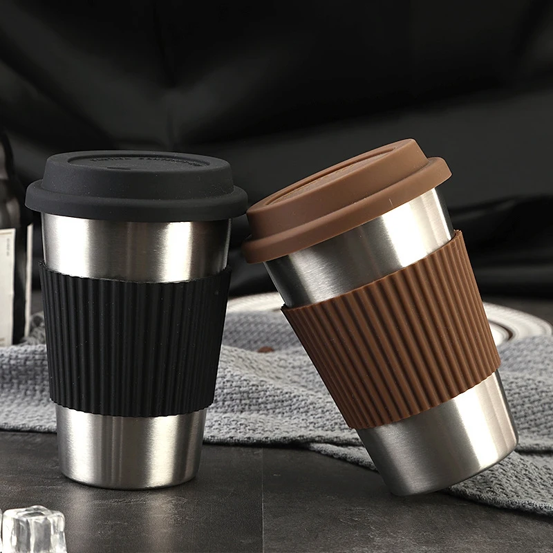 

500Ml Travel Coffee Mug Creative With Silicone Lid Stainless Steel Cups And Mugs Tea Milk Drinkware Beer Mug Brown +Silver
