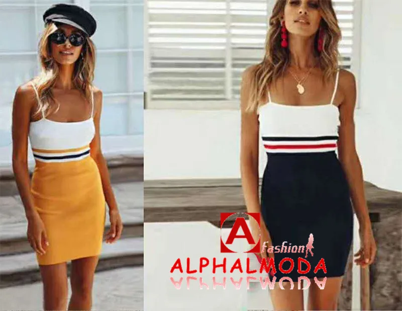 ALPHALMODA летнее женское Спортивное Полосатое трикотажное платье на бретельках, сексуальное облегающее Повседневное платье, сарафан