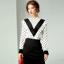 Blouse Women Summer 2019 New Round Neck Long Sleeves 100% Natural Silk Polka Dot Ruffles Patchwork Fashion Women Top M-XL grey round neck flared sleeves blouse