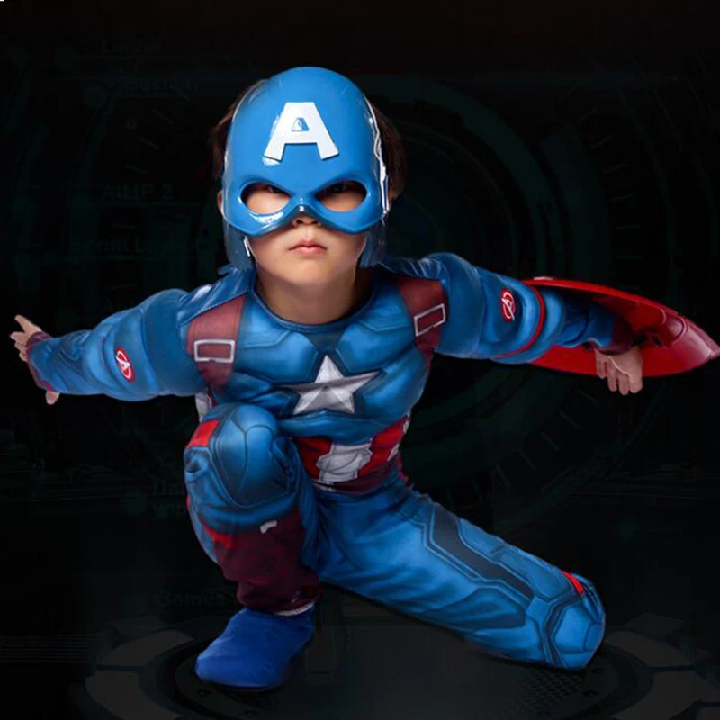 Костюм супергероя для детей с мышцами, костюм Капитана Америки, Детский карнавальный костюм супергероя, костюмы на Хэллоуин для детей, для мальчиков и девочек