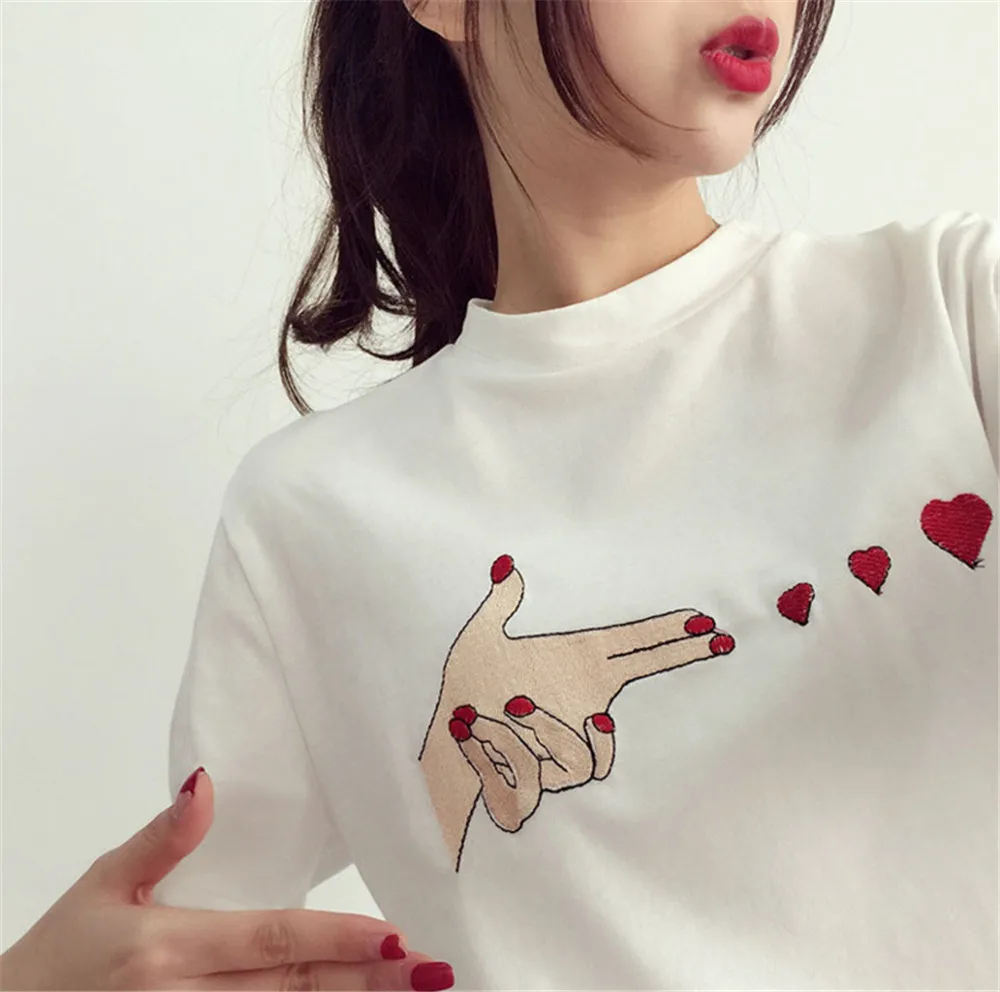 Summer Heart Hit Embroidery Women T Shirt 2017 Women Simple Shirts Casual cool top tee Short Sleeve O Neck loose T-shirt  (7)