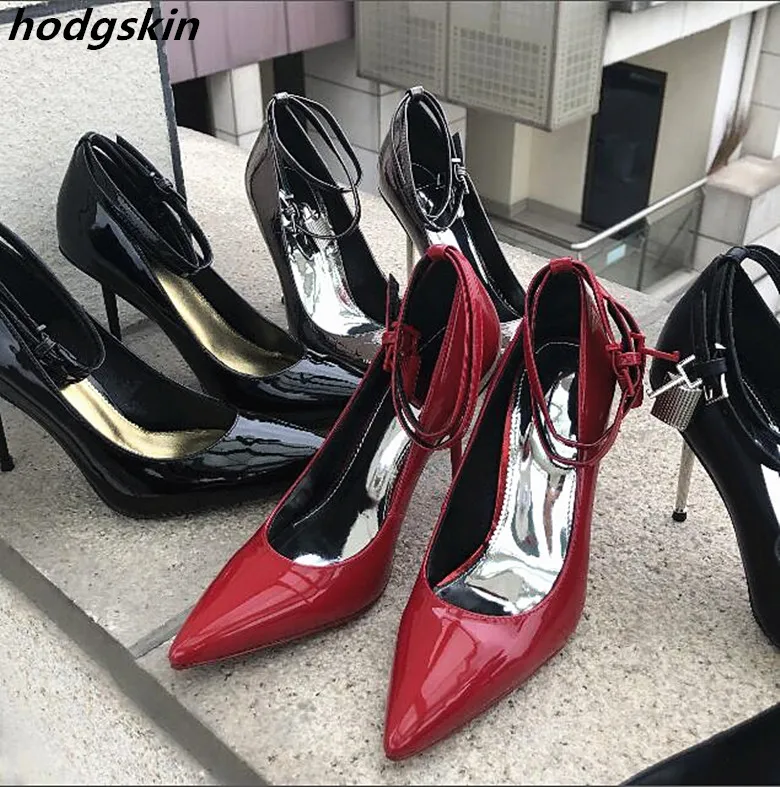 

2019 Hot chic Red Leather Metal Thin High Heels Women Pumps Ankle Strap Pointed Toe Metal Lock Party Wedding Shoes Woman