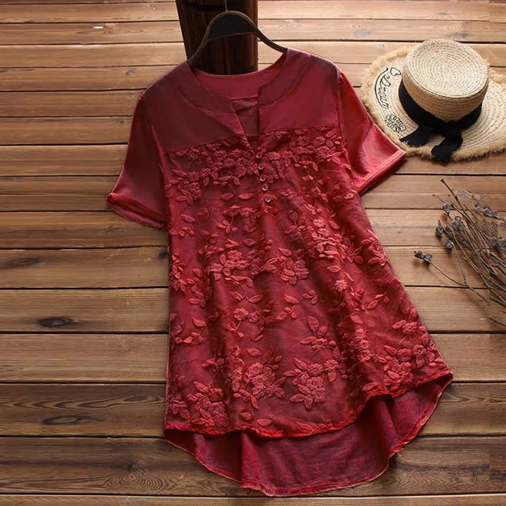 

Fashion Tshirt Women Casual Loose Linen Soild Lace Splice Button Short Sleeve Shirt Camisas Mujer Tops Tee Shirt Femme T-shirts