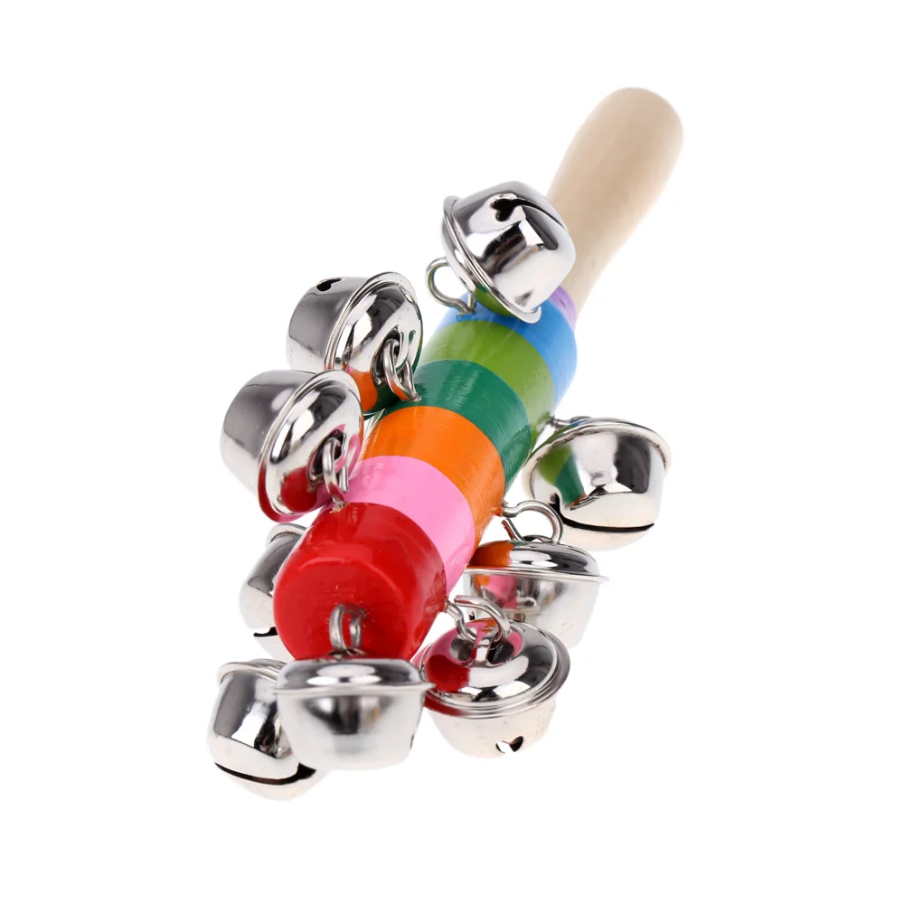 Маленькая ручная палочка с колокольчиком деревянная с 10 металлическими Jingles шариками красочная Радужная ударная музыкальная игрушка для KTV вечерние детские игры
