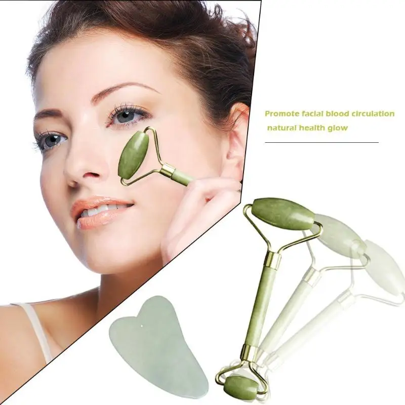 

2pcs Natural Jade Massage Roller Gua Sha Board Face Lifting Tool Face Thin Massager Wrinkle Removal Jade Facial Massager