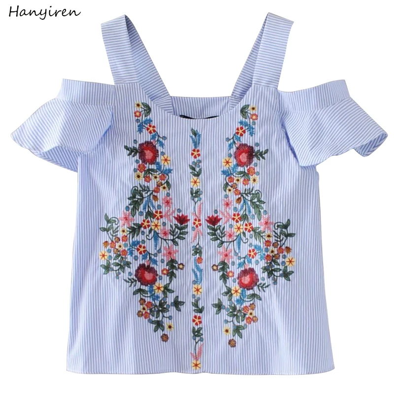 Prix Hanyiren off shouder floral broderie rayé chemises doux ruches à manches courtes blouse dames casual marque tops blusas