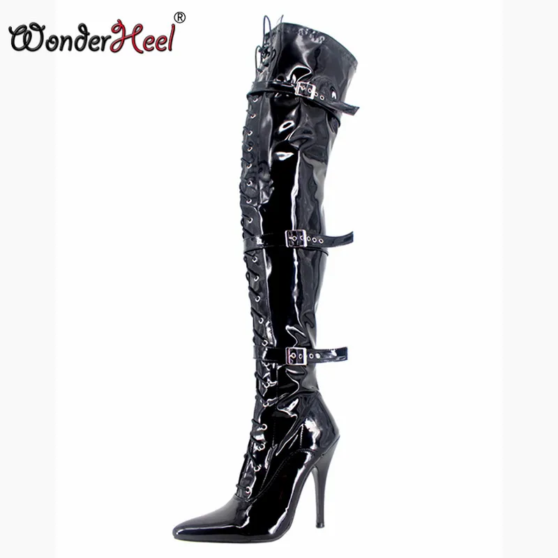 

Wonderheel Extreme high heel appr. 5"/12cm women motorcycle boots Sexy patent Over the Knee boot Thigh High fashion buckle boot