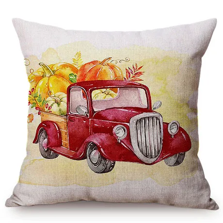 Red Vintage Car Pumpkin Autumn Harvest Thanksgiving Decorative Cushion Cover Watercolor Art Cotton Linen Sofa Throw Pillow Cover K121-1