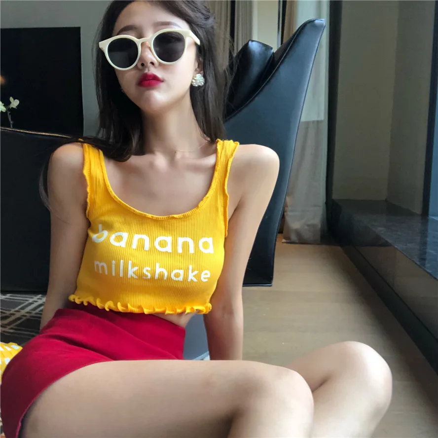 new summer sexy Women's Clothing fashion sleeveless crop top lace crimping letter banana print tops Female yellow tank vest tops