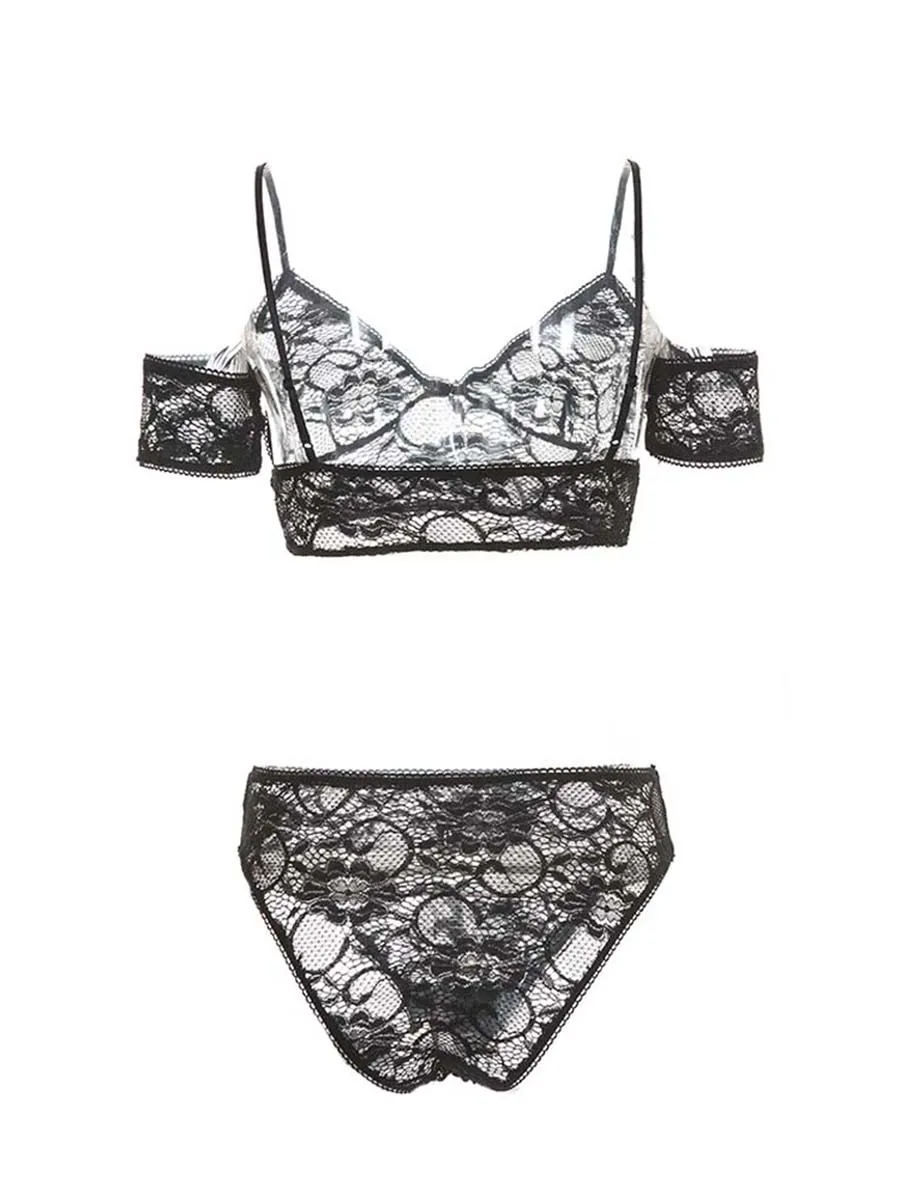 Hot Sexy Black Spaghetti Straps Breif Sets Women Summer Lace Floral Deep V Unlined Bra Tops Crop Elegant Lingeries Clothing