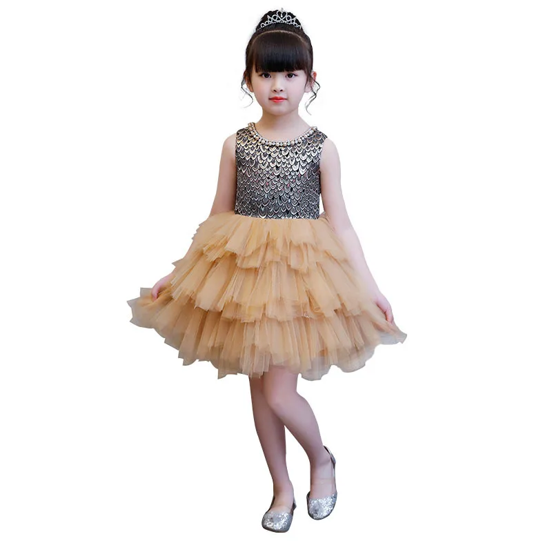 Изысканное детское блестящее платье для девочек в европейском и американском стиле; рождественское бальное платье-пачка с бусинами; многослойное платье