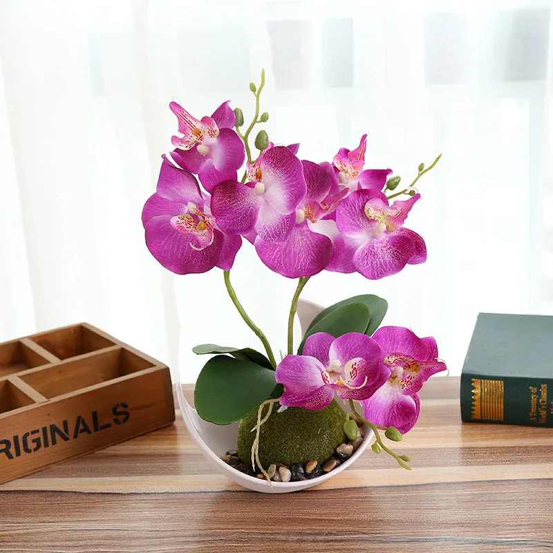 Flone 3 Branch Phalaenopsis Artificial Potted Plant Silk Flowers Plastic Material Of Pot Wedding Home Party Offices Decoration  (1)