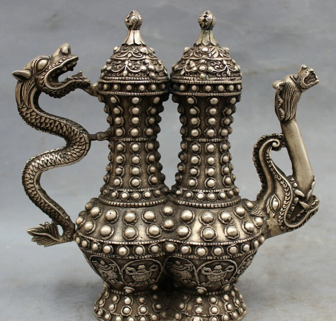 

S3199 8" Chinese Silver Buddhist Dragon Head Statue Siamesed Globules Wine Pot Teapot D0317