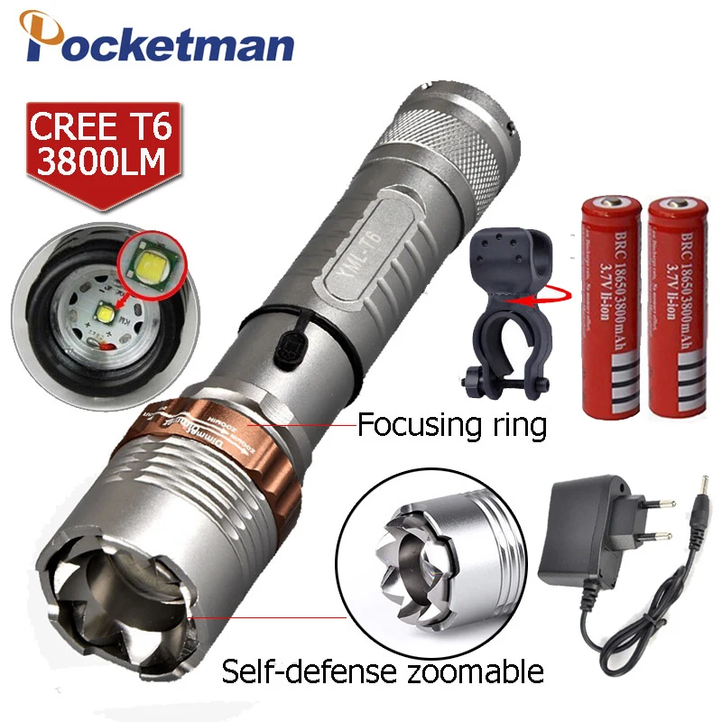 

Self Defense LED flashlights XM-L T6 4000LM Rechargeable Torch Lamps powerful Lantern Tactical Emergency bicycle holder