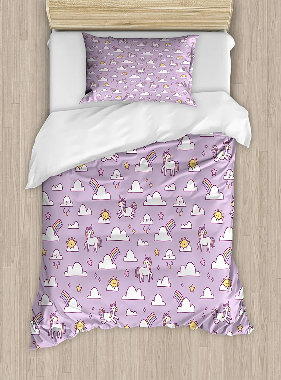 

Unicorn Party Duvet Cover Set, Rainbow with Mythical Animals and Stars on Pastel Colored Sky Background 4 Piece Bedding Set