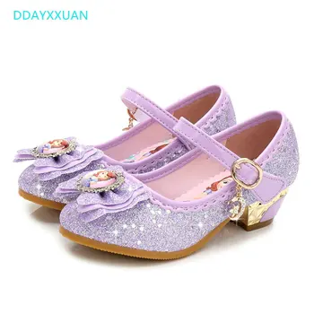 

Princess Kids Leather Shoes For Girls New Brand Spring Sofia Cartoon Glitter Children High Heel Girls Sandals Butterfly Knot