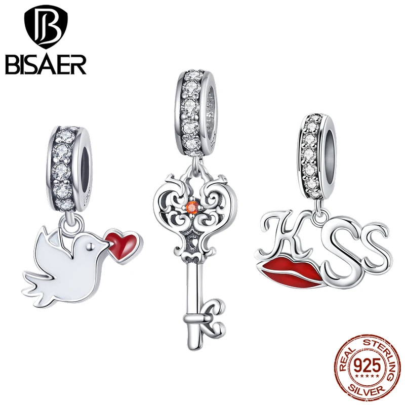 

BISAER Top Quality 925 Sterling Silver Pigeon Love Kiss Heart locks Pendant Beads Fashion DIY Silver 925 Jewelry Gifts GAC092