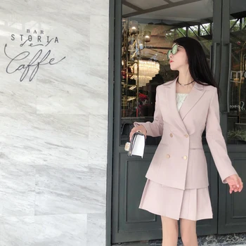 

2019 Women Blazers Senior Molandi Grey Pink Office Lady Double Breasted Suit Jacket Blazer Dress