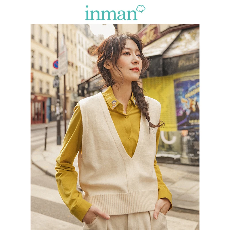 

INMAN Spring Autumn Solid Deep V-neck Sleeveless All Matched Women Sweater Short Snit Vest