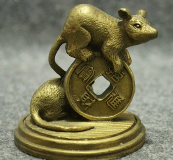 

Chinese Brass Wealth Coin Zhao Cai Jin Bao Zodiac Year Mouse Statue Sculpture