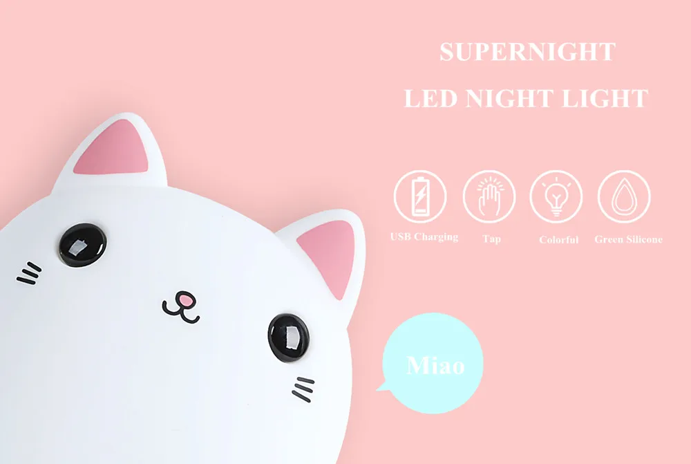 SuperNight Cute Cartoon Cat LED Night Light Silicone Rechargeable Touch Tap Kids Baby Bedroom Bedside Warm Colorful Table Lamp (4)
