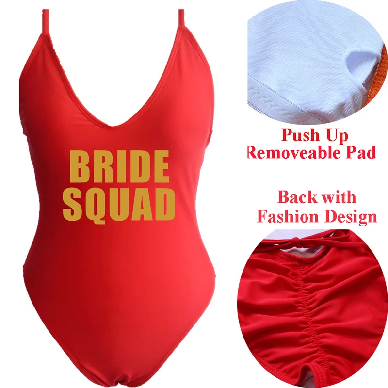 

Bride Squad One Piece Swimsuit Swimwear Women Sexy Push Up Female Solid Bodysuit Swimming Bathing Suit Beachwear Monokini 2018