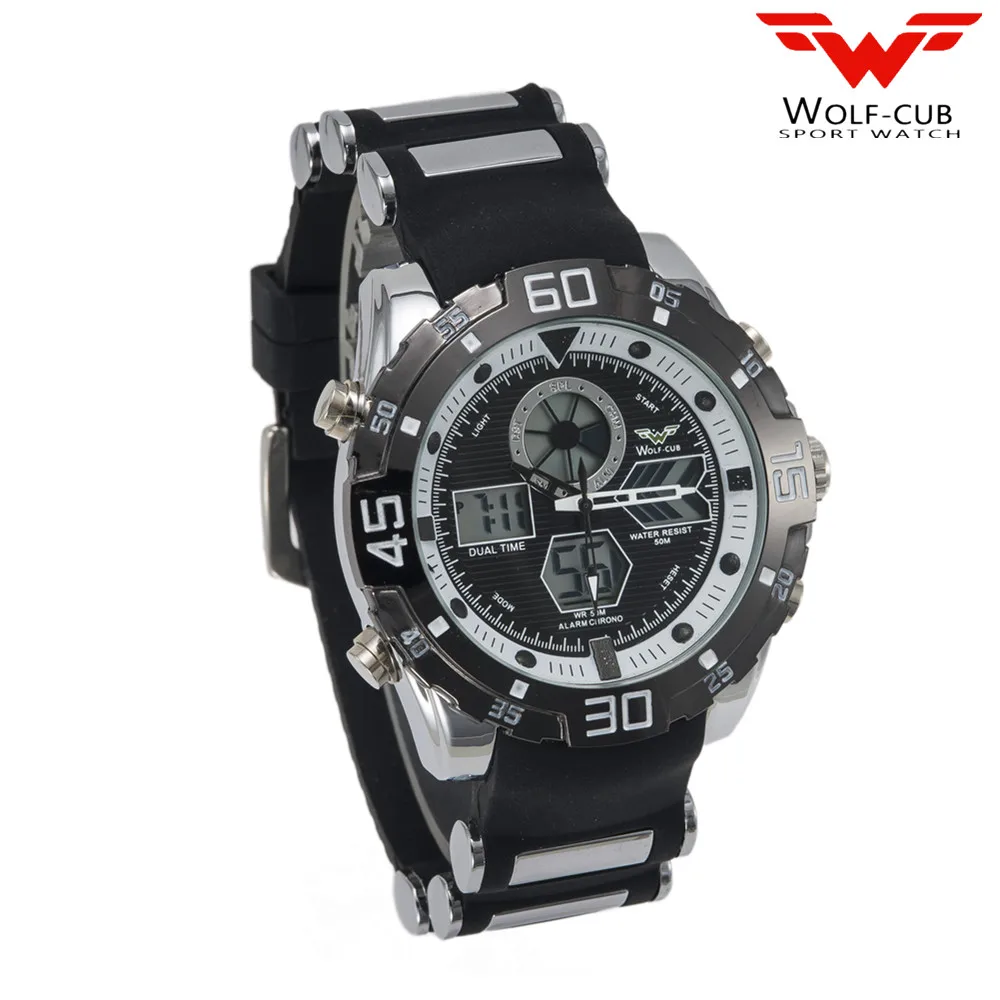 WOLF-CUB 6 цветов спортивные часы бренд Авто Дата День светодиодный Будильник Черный синий силиконовый ремешок аналоговые кварцевые Военные мужские цифровые часы