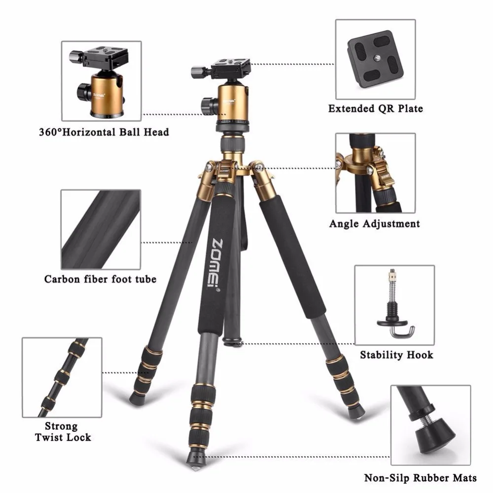  Z818C Portable travel tripod 3-Way Ball Head Carbon fiber Camera Tripod Stand for Canon Nikon Sony 