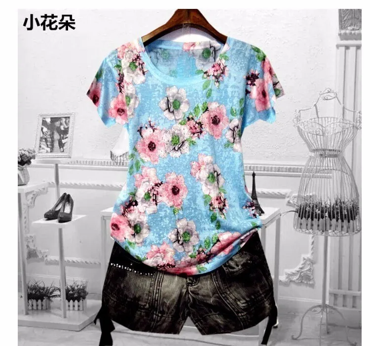 

Fashion hot drilling floral print t shirt women 2019 4XL thin summer top short sleeve graphic tees o-neck tshirt tee shirt femme