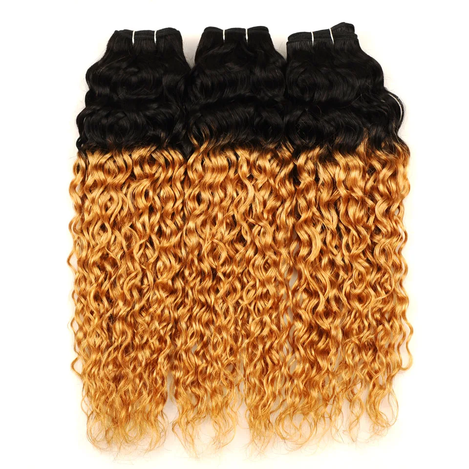 Pinshair Ombre Brazilian Water Wave Hair 1B 27 3 Bundles With Closure Ombre Wet Wavy Human Hair Extension With Closure Non-remy (19)
