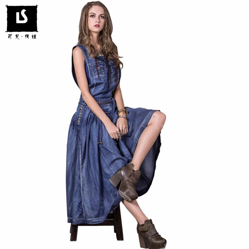 

Top Fashion 2019 Spring Summer Women Vintage embroidered tassel Dresses High Quality Lady Long Denim Dress Vestidos Plus Size