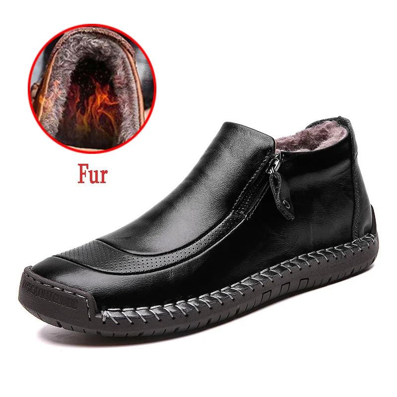 Мужские ботинки; зимние ботинки; мужская повседневная обувь из высококачественной кожи; плюшевые ботильоны; теплые мужские ботинки на меху; Зимняя мужская обувь - Цвет: (B)Fur black