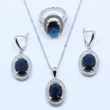 Фантастический синий циркон белый циркон набор украшений из серебра 925-й пробы для Для женщин серьги ожерелье, подвеска, цепочка подарочная упаковка T89