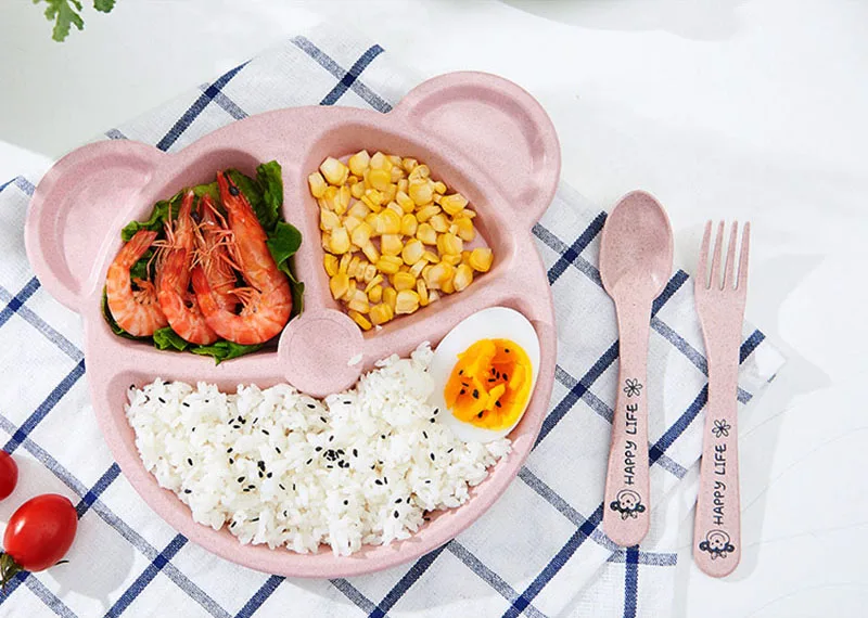 3Pcs Baby Bamboo Food Storage Tableware Kids Plate Spoon Fork Solid Dishes Newborn Children Eco-friendly Dinnerware Set BB5129 (4)