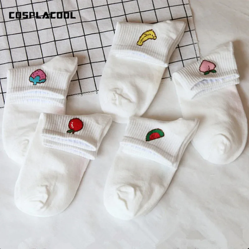 

[COSPLACOOL]Fresh Fruit Funny Socks Banana Strawberry Watermelon Peach Print Socks Women Korean Creative Art Harajuku Calcetines