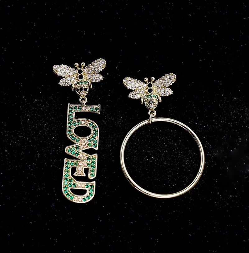 S925 Серебряные иглы Модные асимметричные серьги в виде пчел микро мозаика AAA+ Топ CZ Кристаллы круг/письмо кулон серьги для женщин