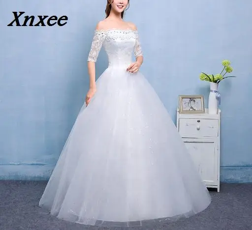 Xnxee 2018 Vestidos De Novia лодка средства ухода за кожей шеи кружево рукава платья для женщин белый дешевые платья невесты реальное изображение