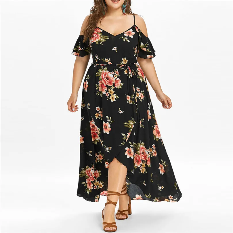   Plus Size Women Summer  Fashion  Casual Short Sleeve Cold Shoulder Boho Party Beach Flower Print Long Dress#4M11 (1)