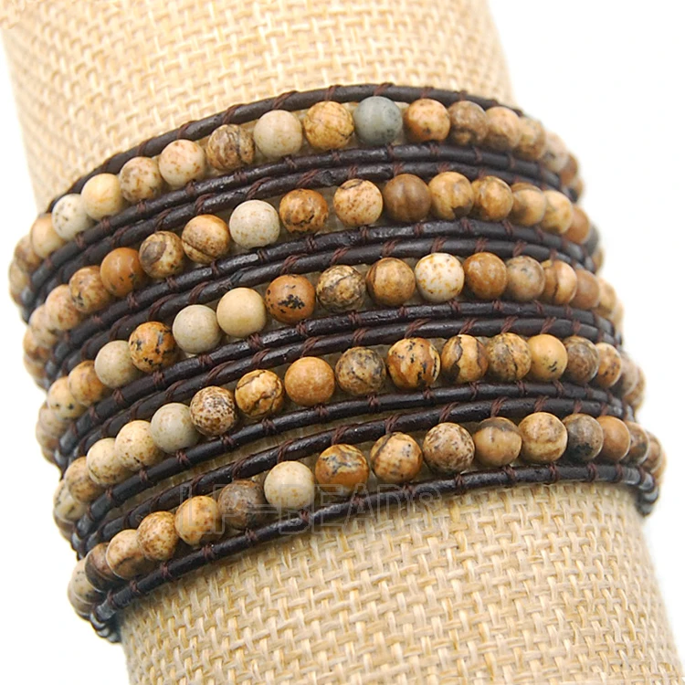 5 Wrap Natural Picture Jaspe-r Hot Colorful Men's Women's Handmade 4mm Gem stones Beads Leather Bracelet Wholesale 3PCS/Lot |