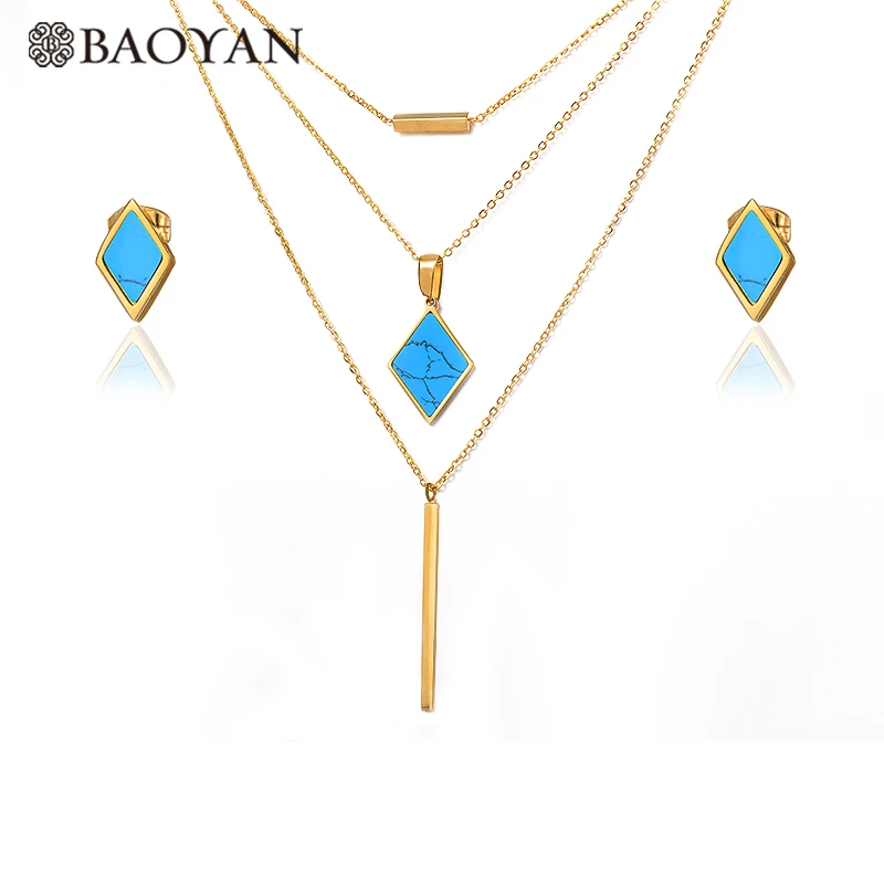

Baoyan Fashion Gold Color Blue Rhombus Multilayered Necklace and Earring Jewelry Sets Stainless Steel Jewellery for Women