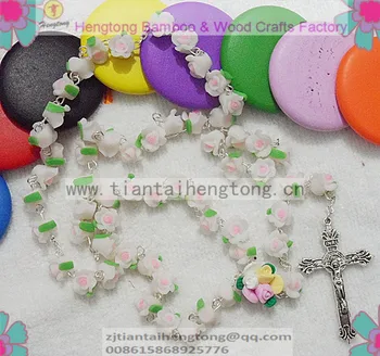 

free shipping 1pcs/set catholic Rosary necklace beautiful voilet Soft Cerami beads rose rosario with catholic cross