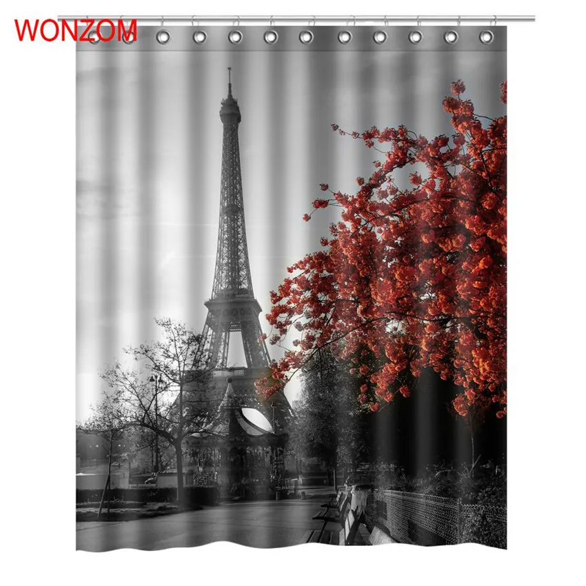 

WONZOM 3D Paris Tower Shower Tree Curtains with 12 Hooks For Bathroom Decor Modern Landscape Bath Waterproof Curtain Gift 2018